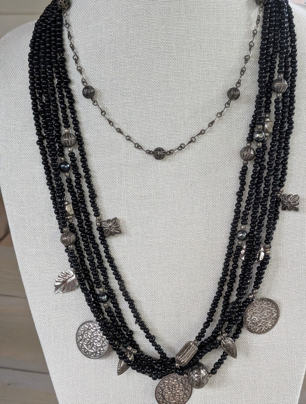 Black Multi Strand Beaded Necklace Silver Tone Charms 28" + Bonus